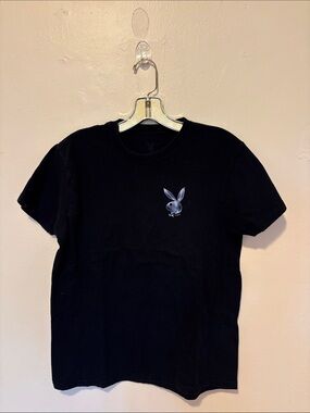 PLAYBOY Black Short Sleeve Tee with Silver Bunny Patch